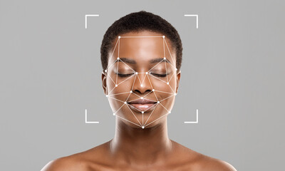 A person with closed eyes shows a calm expression as a facial recognition overlay highlights unique...
