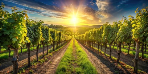 Naklejka premium Green grapes hang heavy on lush vines, a picturesque wine country path awaits.