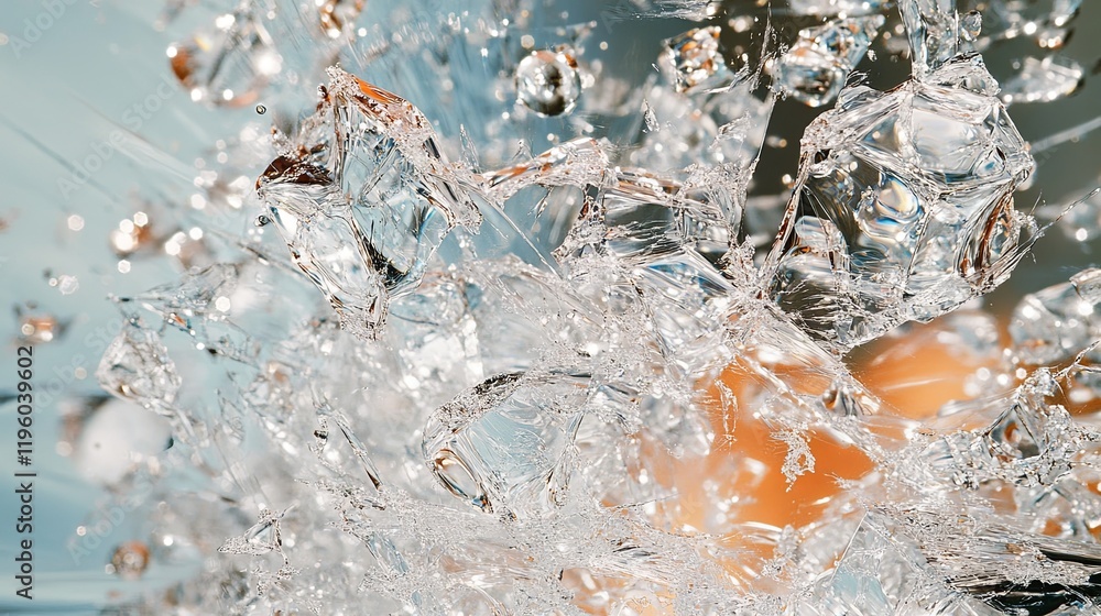 Poster shattered ice pieces sparkle under sunlight with a blurred background of pastel colors and dynamic r