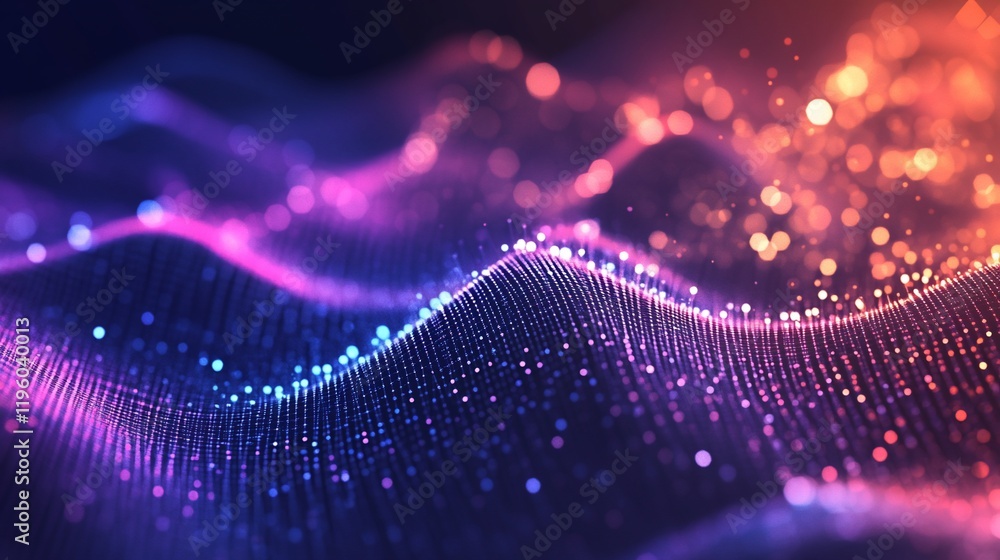 Poster abstract colorful wave of glowing particles.