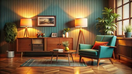 Mid-century modern living room: 3D-rendered vibrant armchair and sleek console create a stylish retro space.
