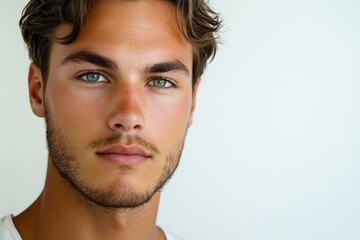 Fototapeta premium Close-Up Portrait of a Young Man with Striking Blue Eyes and Natural Expression