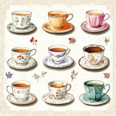 Eight Vintage Teacups Displayed on Saucers