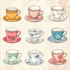 Six Vintage Teacups and Saucers Displayed Beautifully
