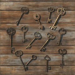Antique Keys Arranged on Wooden Surface