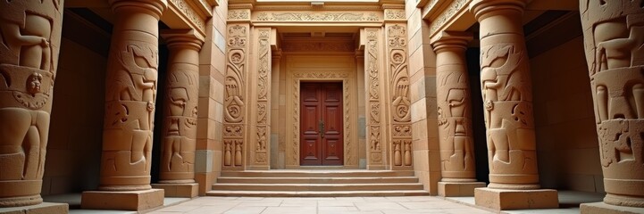 Obraz premium Explore the stunning entrance of an ancient temple, showcasing intricate carvings and majestic pillars that reflect rich cultural heritage and architectural beauty.