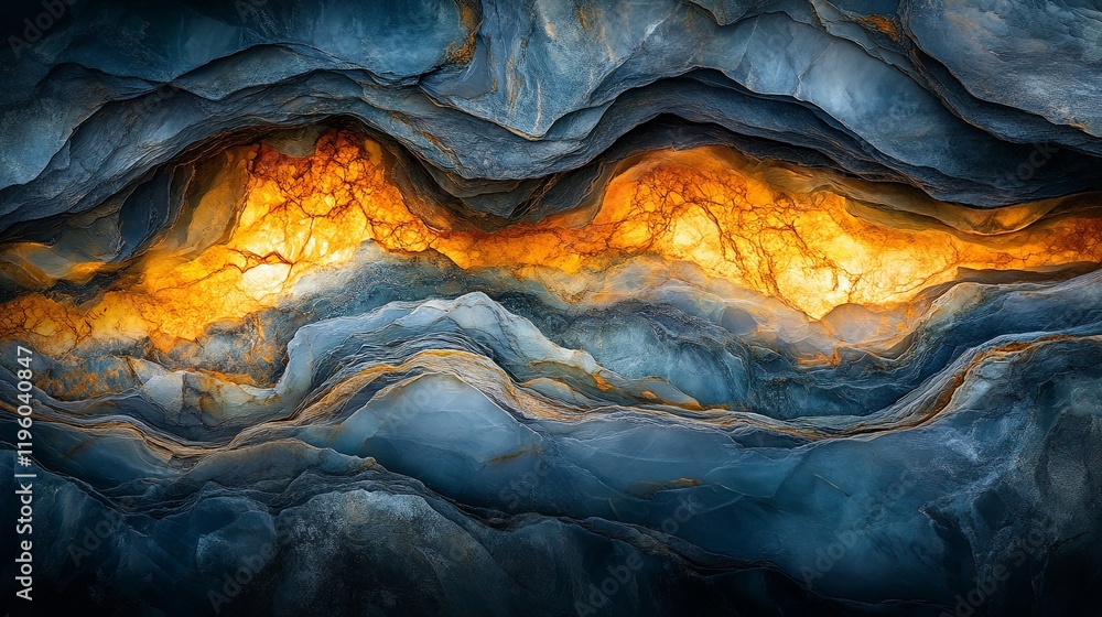 Poster beautiful abstract composition of blue and orange layers mimicking a rocky texture with glowing elem
