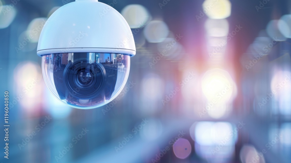 Poster a close-up view of a security camera, highlighting its lens and sleek design against a blurred backg