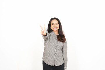 Showing Peace or Victory Sign Of Beautiful Asian Woman Isolated On White Background
