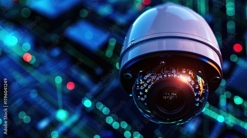 Poster a high-tech security camera on a circuit board background, symbolizing surveillance and advanced mon