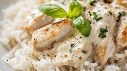 Close-up of rice with rich creamy Alfredo chicken. Featuring chicken in Alfredo sauce, served over rice. Emphasizing a creamy, rich dish. Ideal for Alfredo recipes.