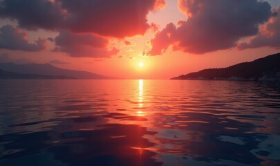 Obraz premium A breathtaking sunset over calm waters, capturing the serene beauty of nature. Perfect for travel, relaxation, and wellness themes.