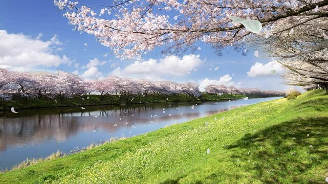 日本の春・桜並木の川の土手 風に舞い散る花びら花吹雪　美しい満開の桜に青空とさわやかな雲・水面に映りこむ反射した景色の背景　入学・卒業・入社・新生活・花見・はじまり・希望のイメージ壁紙
