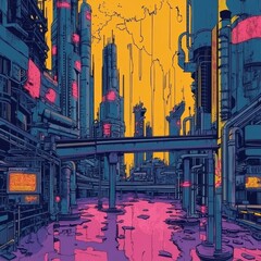 Futuristic Cityscape Neon Lights Reflecting In Puddles