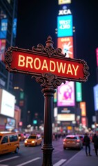 Obraz premium A vibrant night scene featuring the iconic Broadway sign in Times Square, showcasing the energy and culture of New York City.