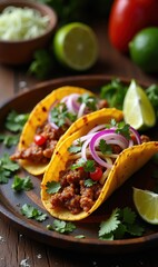 Delight in this vibrant platter of tacos filled with savory meat and fresh toppings, perfect for food marketing, restaurant menus, and culinary blogs.