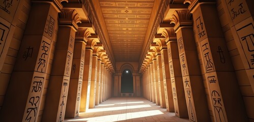 Explore the grandeur of ancient architecture with this stunning image of a beautifully designed corridor adorned with hieroglyphics, perfect for history and travel themes.