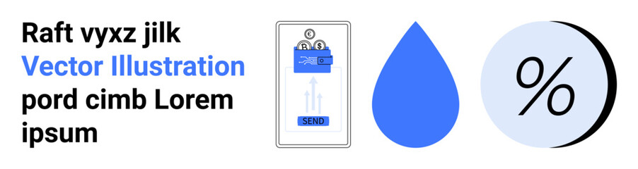 Blue water droplet, percentage symbol inside gray circle, mobile phone with chat icons and send button. Ideal for mobile tech, water conservation, percentage calculations, financial apps