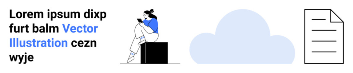 Woman using smartphone while sitting beside a black block, cloud icon, paper document icon. Ideal for technology, cloud storage, digital solutions, mobile apps, productivity tools, remote work