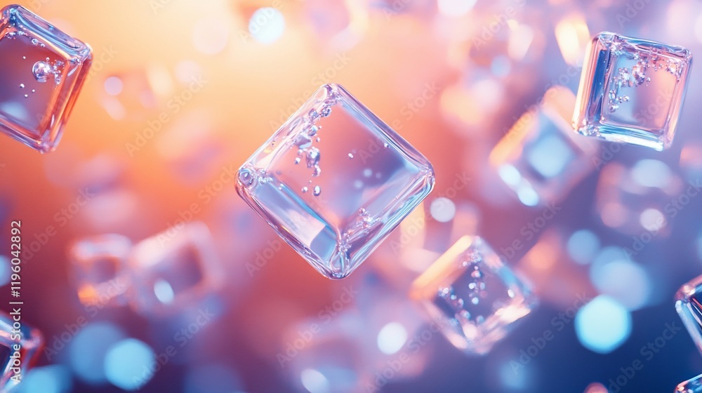 Poster floating translucent cubes with bubbles in vibrant orange and blue bokeh background.
