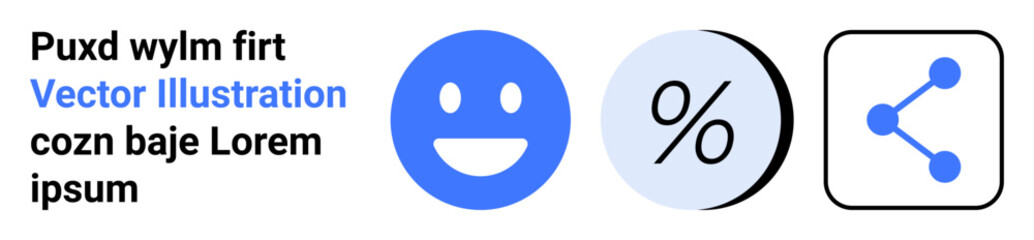 Blue happy face, percentage symbol, and share icon. Ideal for user feedback, ratings, data visualization, social media, connectivity, marketing, analytics Landing page