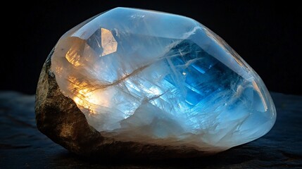 Polished moonstone with blue inclusions on dark background.