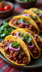 Fototapeta premium Deliciously arranged tacos with seasoned meat, topped with fresh cilantro and onions. Perfect for food blogs, menus, and marketing materials in the culinary industry.