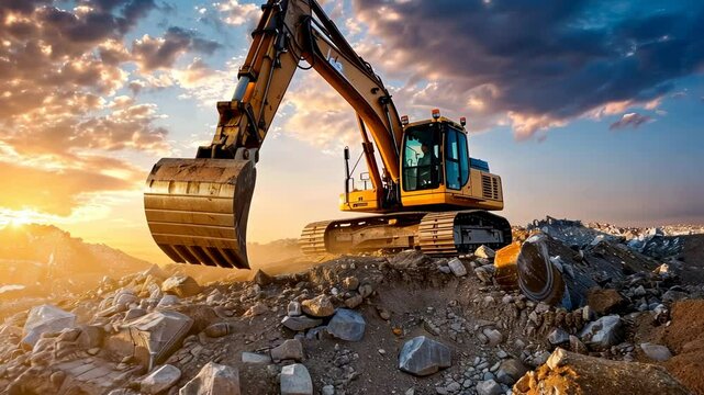 Excavator at Sunset: Heavy Machinery in Quarry