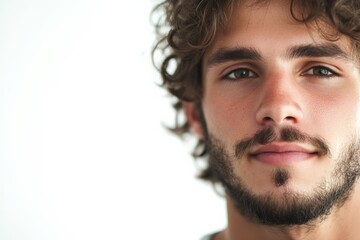 Naklejka premium Close-Up Portrait of a Young Man with Curly Hair and Beard Against a Neutral Background