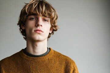 Fototapeta premium Portrait of a Young Man with Wavy Hair in a Cozy Sweater
