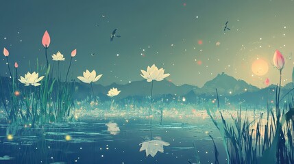 Serene Lotus Pond Twilight Landscape with Birds