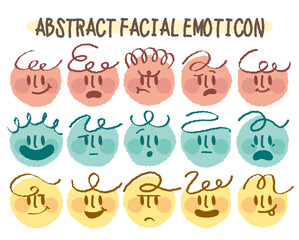 Abstract flat face with variety cute and funny facial expression set. Cartoon doodle style round character emotion. Comic colorful happy, calm, worry, angry, anxiety, smile face with line draw hair