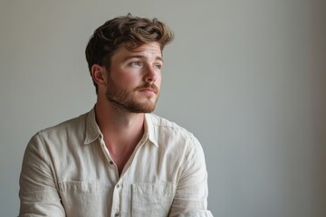 Obraz premium Thoughtful Young Man in Casual Attire Posing Against a Neutral Background