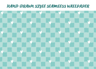 Hand drawn style dark blue checkered and hearts. Blue color lovely gingham seamless vector background. Retro style Valentine's Day theme gift wrapping wallpaper. Romantic vintage love girl Y2K