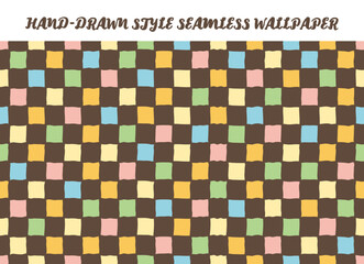 Colorful hand drawn style seamless colorful wallpaper vector. Multi-colored square check pattern on black background. Doodle cartoon style retro chess background. Wrapping paper. Childish decoration