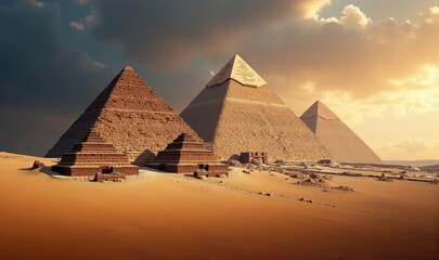 Stunning view of Egypt's iconic pyramids at sunset, showcasing the grandeur of ancient civilization and architectural marvels in a desert landscape.