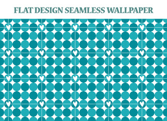 Blue hand drawn style with heart seamless wallpaper vector Multi-colored round check pattern on bright background. Doodle cartoon style retro circle dots background Wrapping paper. Childish decoration