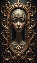 Fototapeta premium A stylized sculpture of a woman framed in ornate bronze, evoking a sense of elegance and artistic craftsmanship, perfect for design, art, or luxury branding projects.