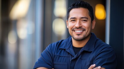 Smiling Hispanic man in blue work shirt, arms crossed. Perfect for diversity, workforce, or success themes.