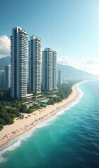 Obraz premium A stunning aerial view of modern skyscrapers along a picturesque beach, showcasing luxury living in a tropical paradise.