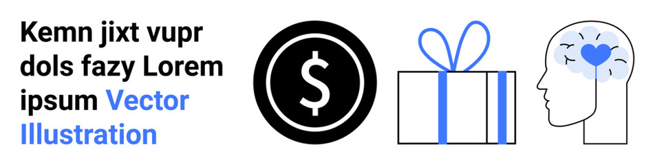 Black dollar sign inside circle, blue-ribboned gift box, and human head with blue heart and gray lines. Ideal for finance, mental health, gifts, love, cognitive science, emotional intelligence