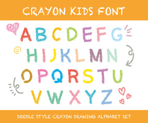 Hand drawn style colorful wax crayon writing uppercase letters alphabet typography for kids school class vector. Cute cartoon doodle style abc alphabets chart for nursery or kindergarten learning.