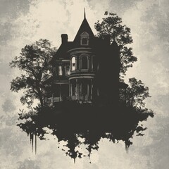 Obraz premium Victorian Mansion Silhouette Amidst Trees and Sky