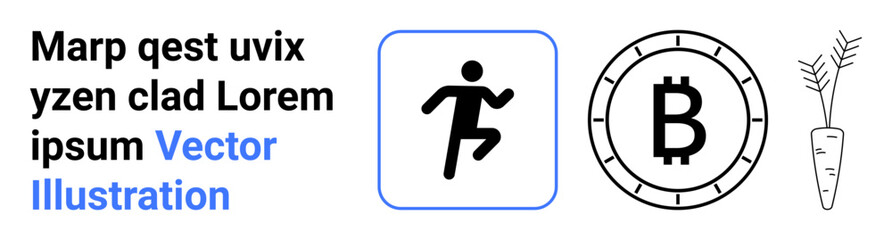 Running icon in black square, large Bitcoin symbol in black circle, drawing of a carrot with leaves. Ideal for cryptocurrency, health, fitness, nutrition, finance, digital currency, and vegetables