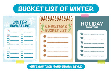 Hand drawn style winter holiday bucket lists set. Christmas checklists with snow flake pattern. Cartoon doodle style day do list. Cute colorful new year bucket list memo. Chart, Idea, Paper note