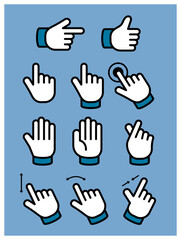 Hand cursor pointer icon in any gesture vector collection include swipe up and pinch zoom