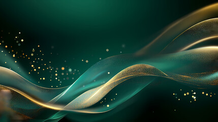Glittering golden particles and soft bokeh lights on a dark green gradient background for luxurious wallpaper background. Goldenmist. Illustration