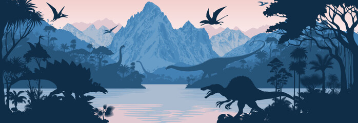 Vector prehistoric lake in jungle background with dinosaurs: Spinosaurus, stegosaurus, Diplodocus and pterodactyl