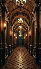 Obraz premium Elegant corridor featuring ornate architecture and vintage chandeliers, perfect for luxury interiors, hospitality, and historical context.