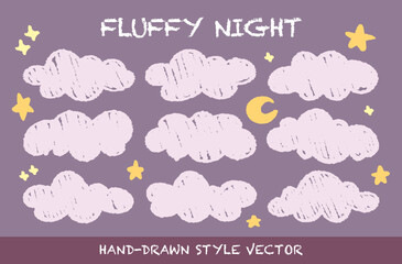 Crayon drawing textured fluffy night clouds and stars vector set. Childish wax pencil scribble sketch doodle cloudy sky. Cartoon style rough cute pastel texture clouds in kid's style. Weather childish